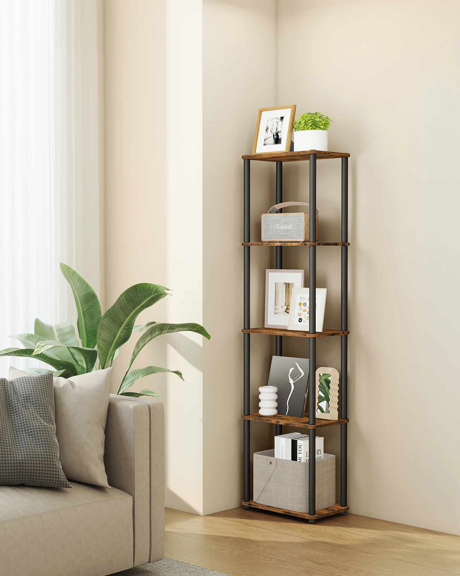 Assemblage Ultra-Rapide sans Outils, Étagère à 5/6 Niveaux, Étagère de Rangement, Marron Rustique et Noir d’Encre