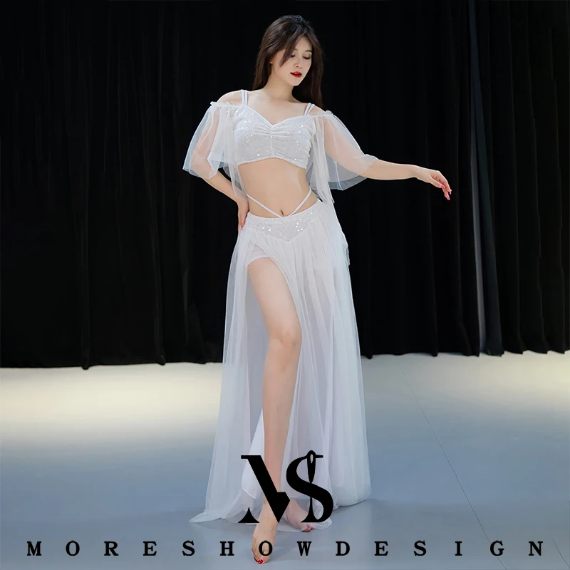 Buikdanskostuums voor vrouwen Top + rok 2-delige mesh rok Set danskleding Prestaties oefenkleding Dansoutfits Pak