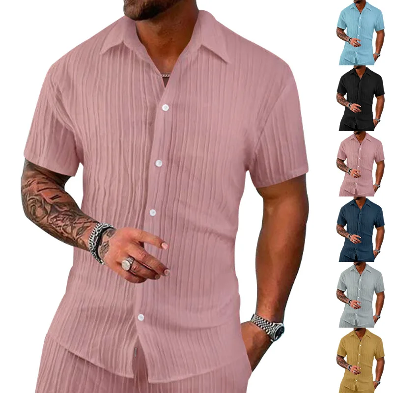 Men's Casual Loose Short Sleeve Cardigan Shirt Beach to 2025 Autumn Thickened Fleece  Collar Nine Points Sleeve