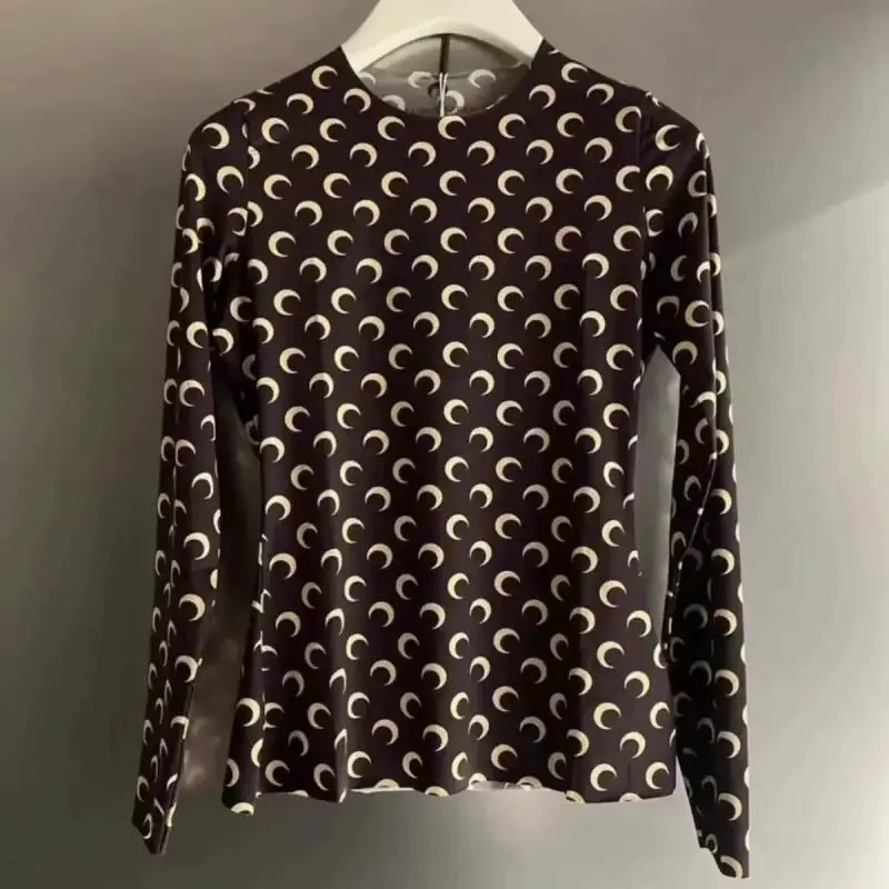 Spring Summer Top Women Long Sleeve Tshirt Moon Print Korean Fashion Classic Elastic Sunscreen Versatile Thin Fold