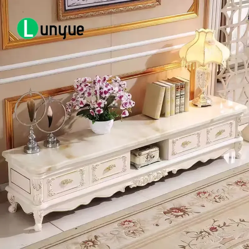 European Solid Wood TV Cabinet with Marble Top Living Room Furniture Modern Minimalist Storage Console Table