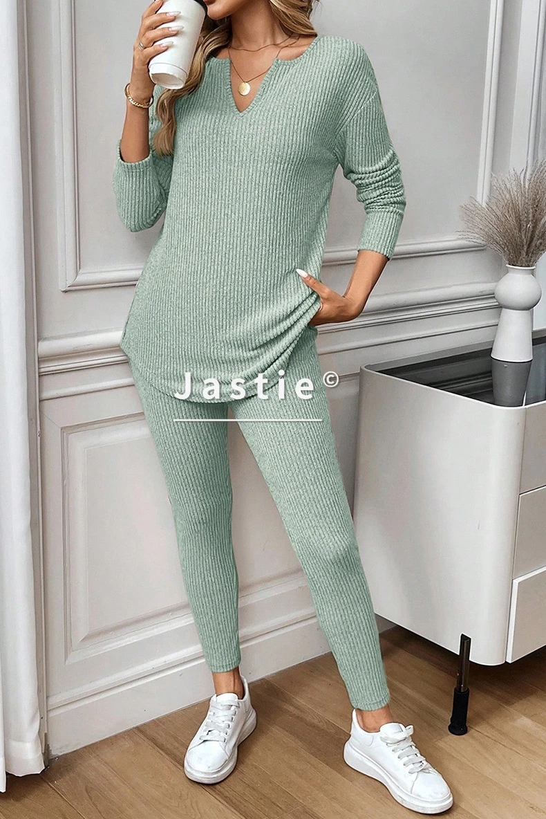 

Women's Solid Ribbed Knit Two-Piece Set Long Sleeve V-Neck Top & Slim Pants Cozy Matching Loungewear/Streetwear Casual Outfit