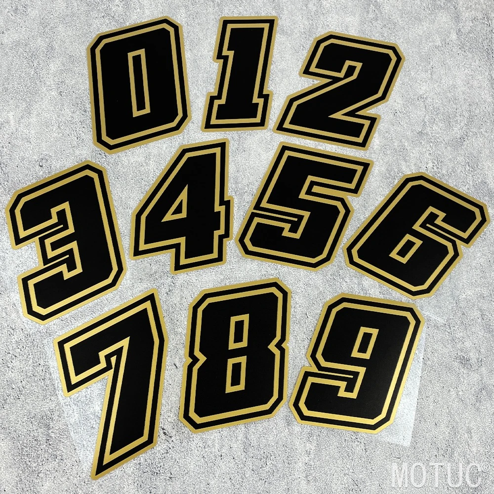 1PC Racing Number 0-9 Sticker Set, Black Gold Trim Vinyl Decal, Waterproof Self-Adhesive for Motorcycle Racing Body Decor