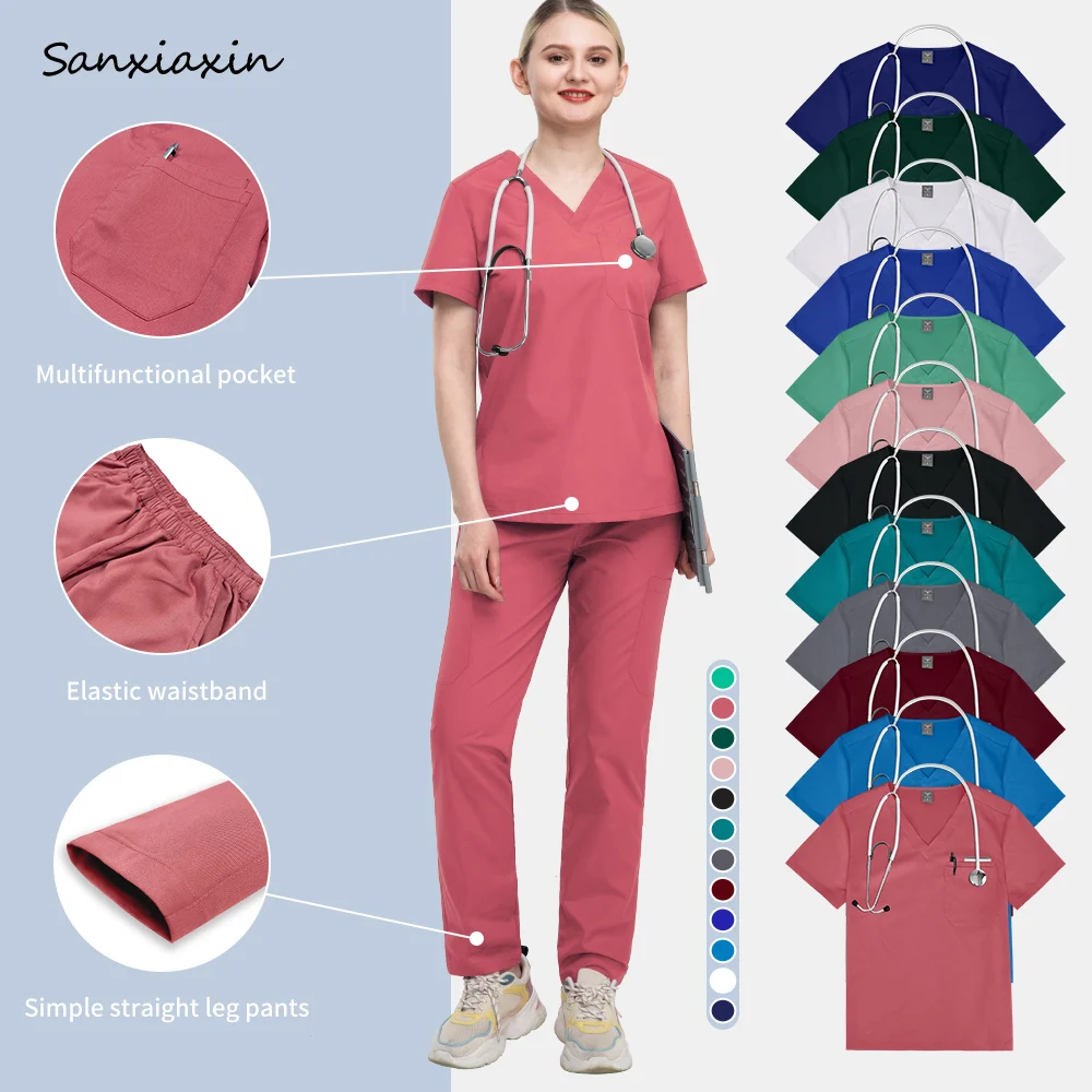 

Fashion Short Sleeve Scrubs Set Nurse Accessories Nursing Uniform Tops&Pants Solid Color Doctor Costume Clinic Workwear Uniforms