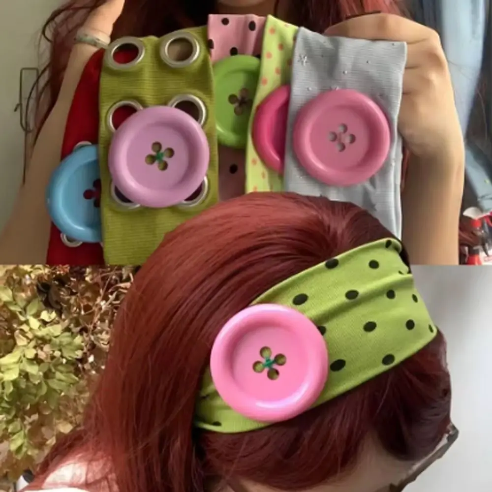 New Large Button Button Hairband Vintage Style Sweet Style Polka Dot Headband Y2K Stretchable Elastic Hairband