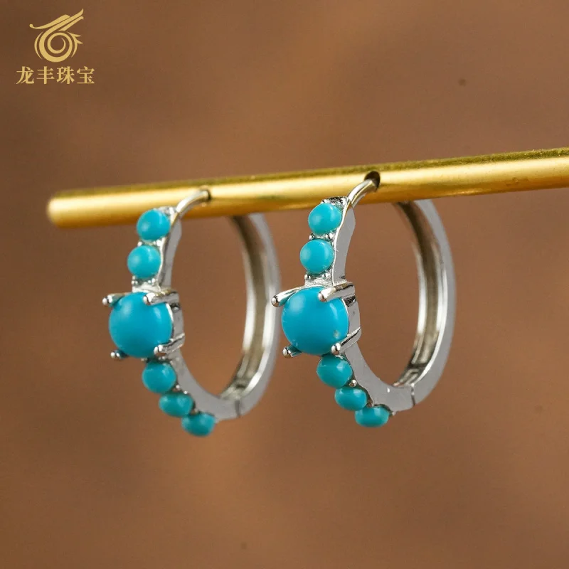 Turquoise Earrings S925 Silver Plated 18K Gold Natural Turquoise Oval Earrings Women's Earrings