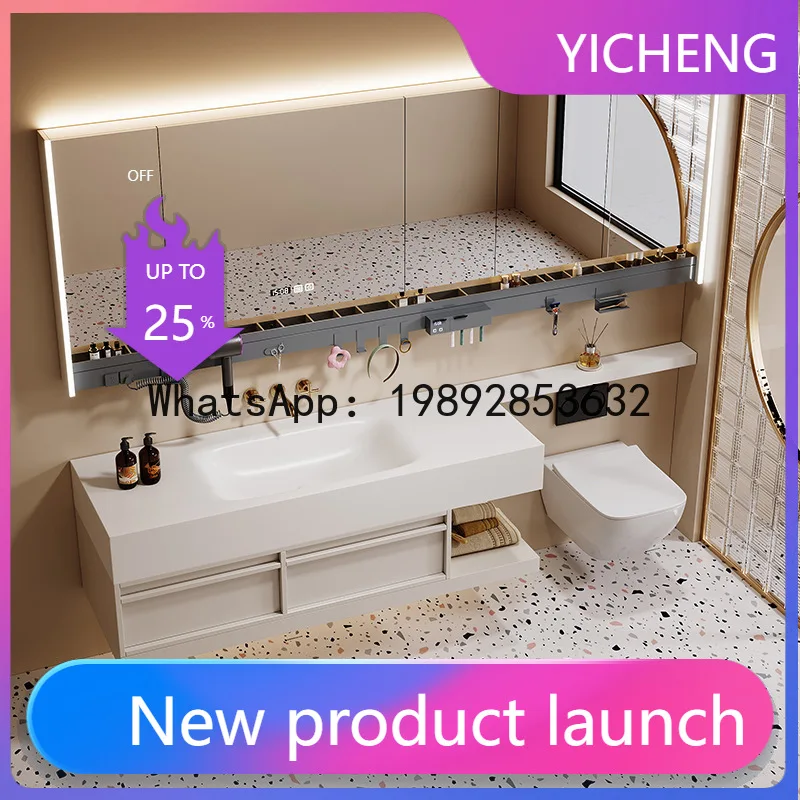 

Hys cream-colored sintered stone basin extended bathroom vanity set with washbasin