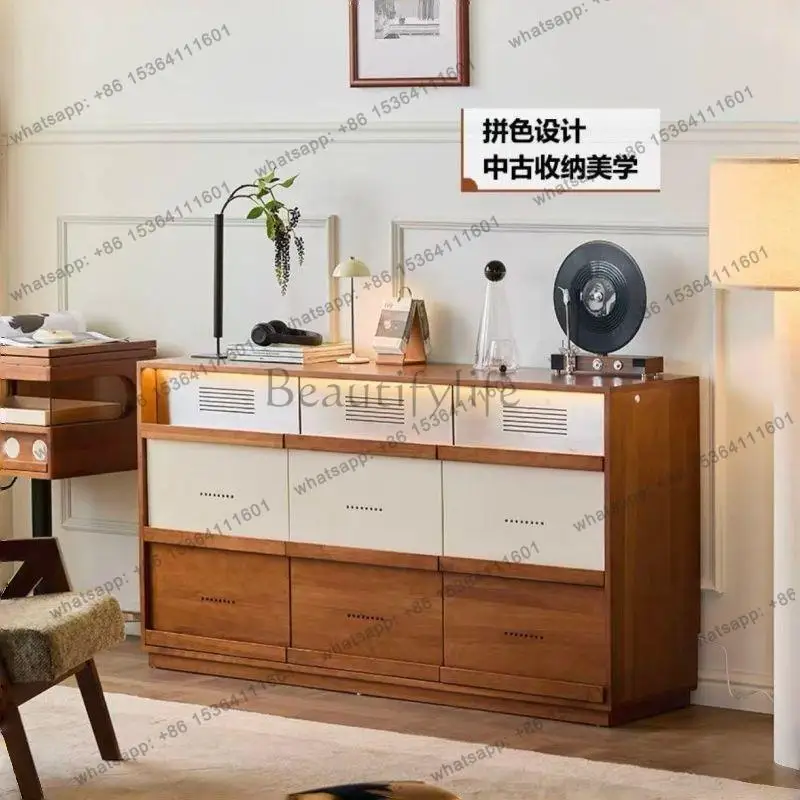 Medieval solid wood retro color matching multi-drawer locker living room bedroom side cabinet