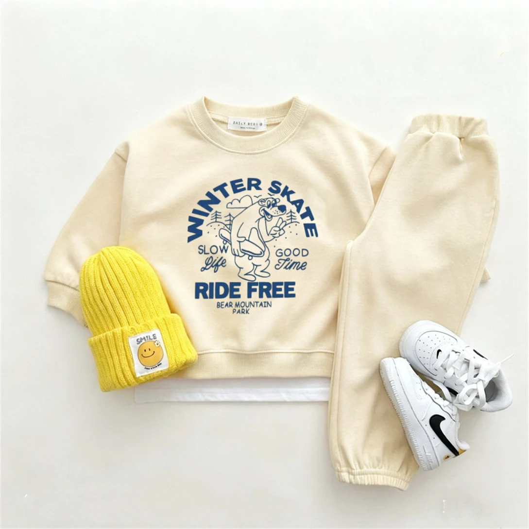 Black Beige 2Piece/Set For Kids Cartoon Lovely Sweatshirts Solid Color Pants Outfits New Fashion Hoodie Sweatpants Tracksuits