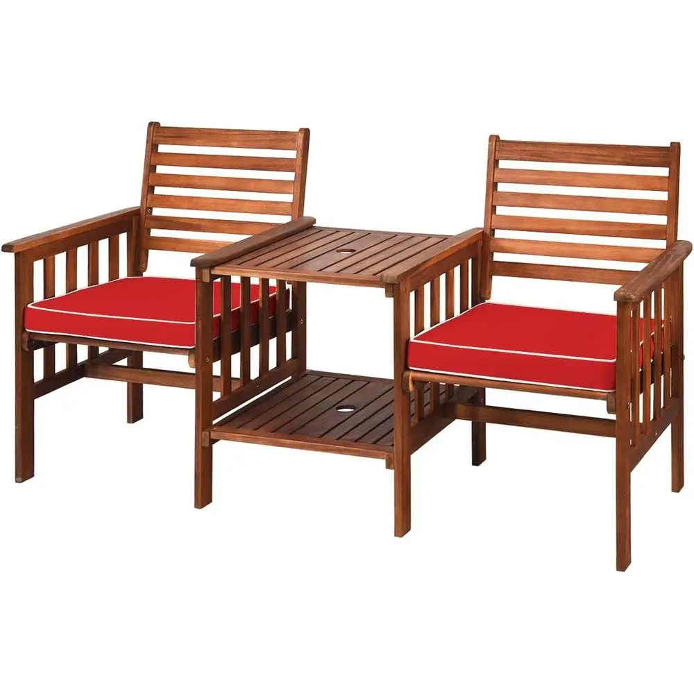Red 2-Seat Acacia Wood Outdoor Patio Loveseat Set with Table and Cushions