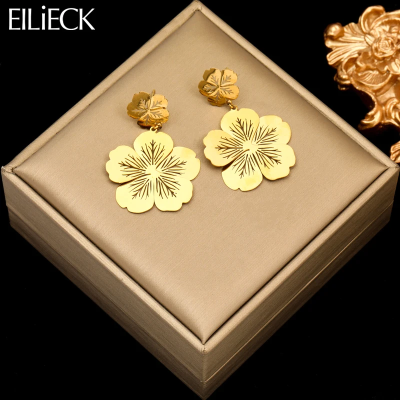 EILIECK 316L Stainless Steel Gold Color Flower Drop Earrings For Women Fashion Ear Dangle Waterproof Jewelry Holiday Gift Bijoux