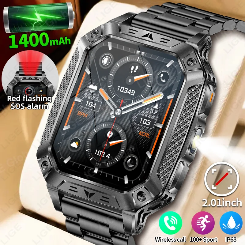 

LIGE Новые умные часы с большой батареей 1400 мАч, мужские уличные фонарики SOS IP68, спортивный фитнес, голосовой вызов, 2,01 дюйма, умные часы-браслет