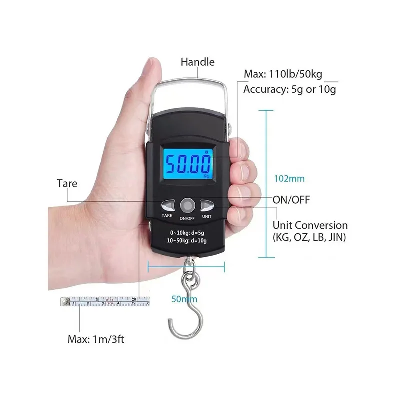 110lb/50kg Electronic Scale Blue Backlight LCD Display with Measuring Rule Tape Balance Digital Fishing Hanging Hook Scale Tool