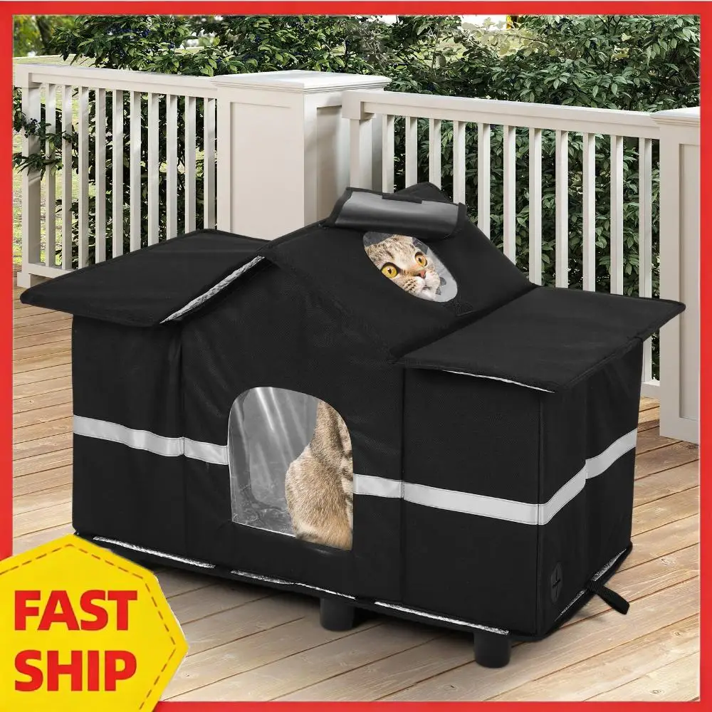 

Водонепроницаемый уличный домик для кошек с окном на крыше, большой приподнятый уютный приют для бездомых/фермерских кошек с комфортной подушкой