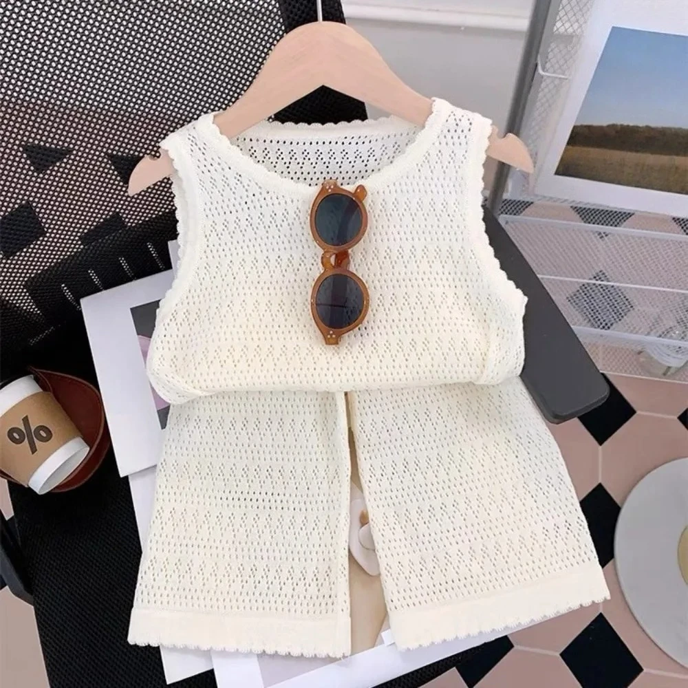 

Летняя детская корейская версия, однотонная повседневная кружевная ажурная майка + брюки, комплект из 2 предметов, модная милая одежда для девочек 3–6 лет