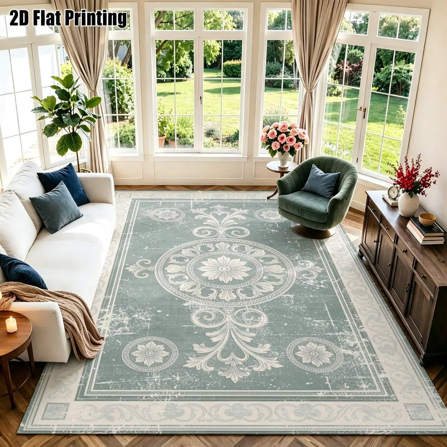 1Pc 2D Printed Gray-Green Retro European Scrolling Flower Carpet: Ideal Home Decor, Multi-Size, Machine Washable, Suitable for Entrance, Dining, Foyer, Bedroom, Study, Living Room