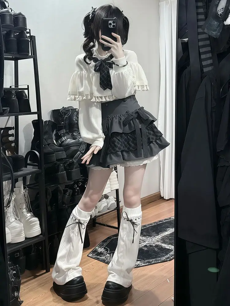 Y2K Gothic Kawaii Rockanzug für Damen, Elegante Schleifenbluse mit Spitze, Süße Lolita Bandage Slim Design Rock, Schickes Outfit