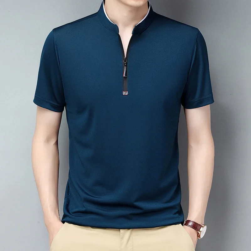 2023 Summer New Breathable High Quality men\'s Zipper Polo Shirt High-end Business Casual Stand Collar Short Sleeve T-shirt