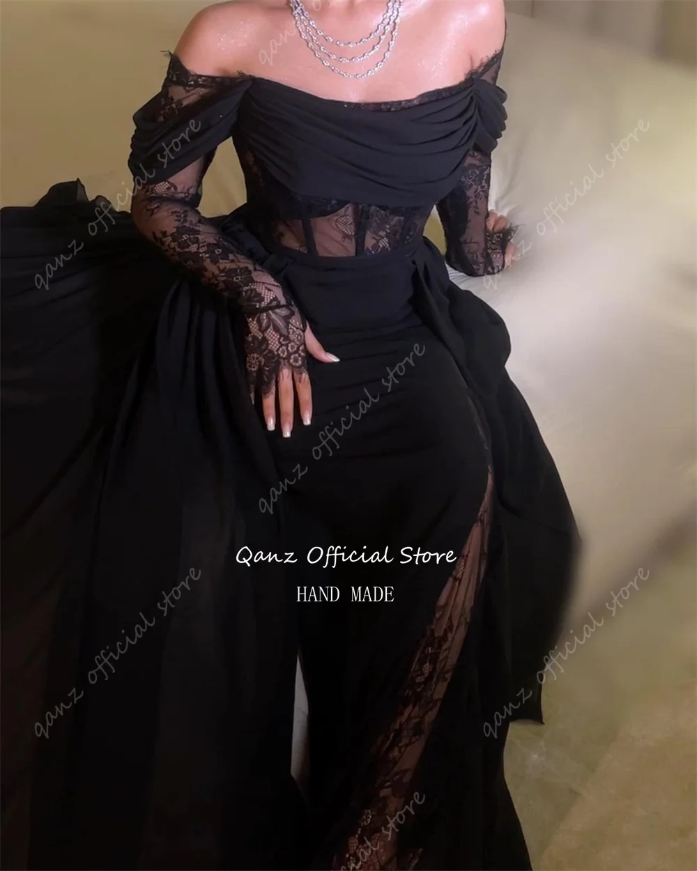 Qanz Black Arab Evening Dresses Off The Shoulder Lace Saudi Prom Dress Detachable Sleeves Mermaid Special Occasion Customized