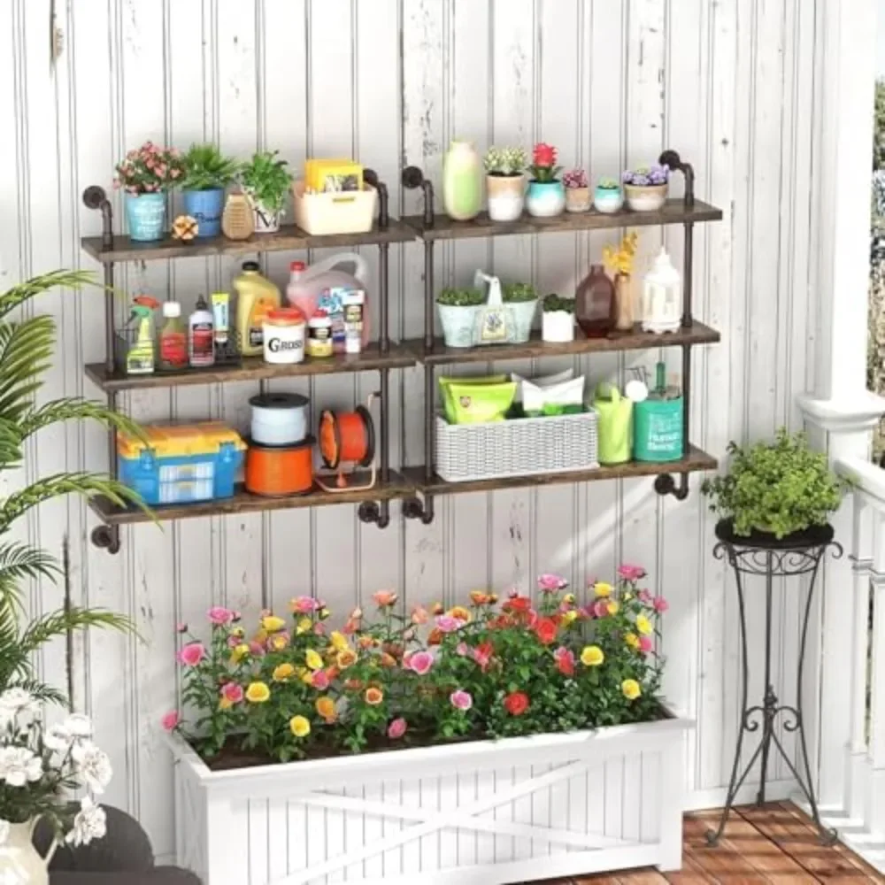 

Rustic Floating Shelves, Wall Mounted Wooden Shelves Home Storage Organizer Shelf Plant Flower Pot Stand for Living Room Kitchen