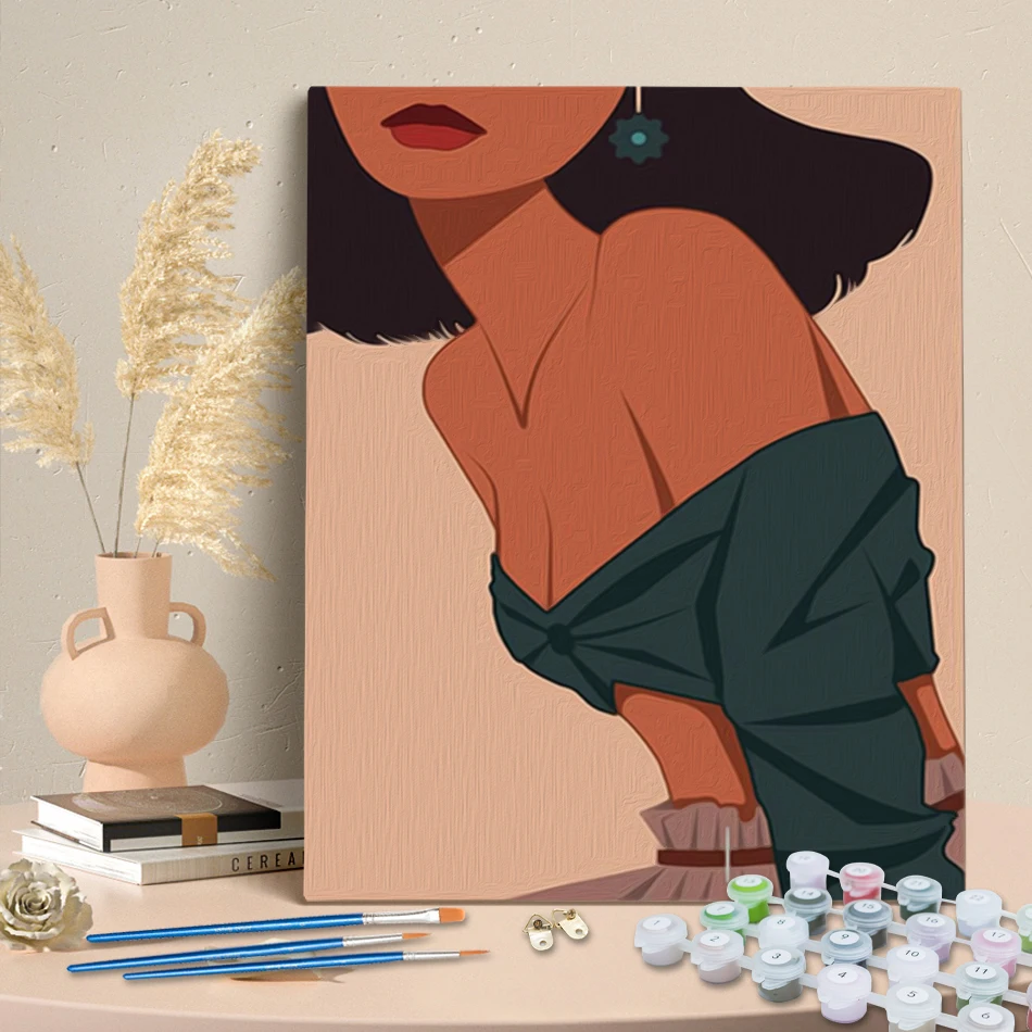 

RUOPOTY Painting By Numbers With Frame Simple Girl Illustration For Beginner Pictures By Numbers Canvas Wall Art Drawing Brushes