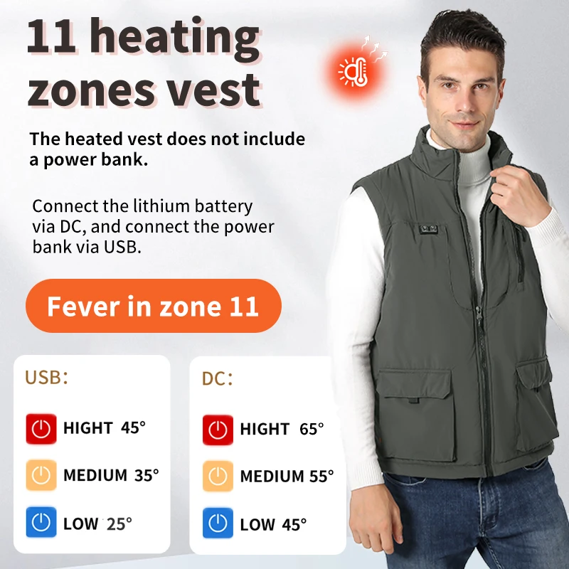 Smart 11-Zone Heated Vest for Winter Outdoor Warmth, with 2 Independent Temperature Control Zones—Men's Solid-Color Jacket
