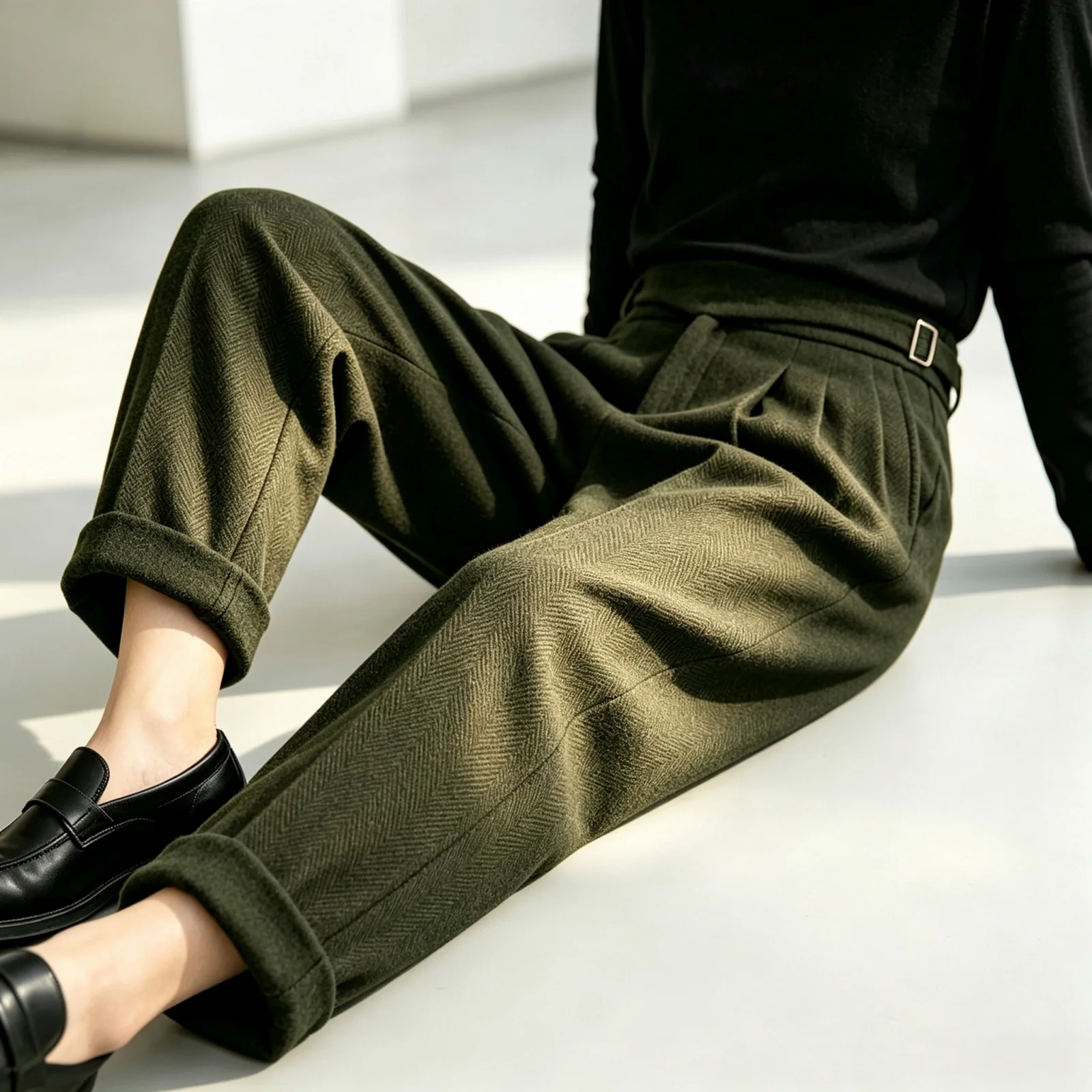 In Stock Men Gurkha Wool Blend Pants Herringbone Tweed High Waist Adjustable Buckle Pleated Cropped Trousers Men Formal Business