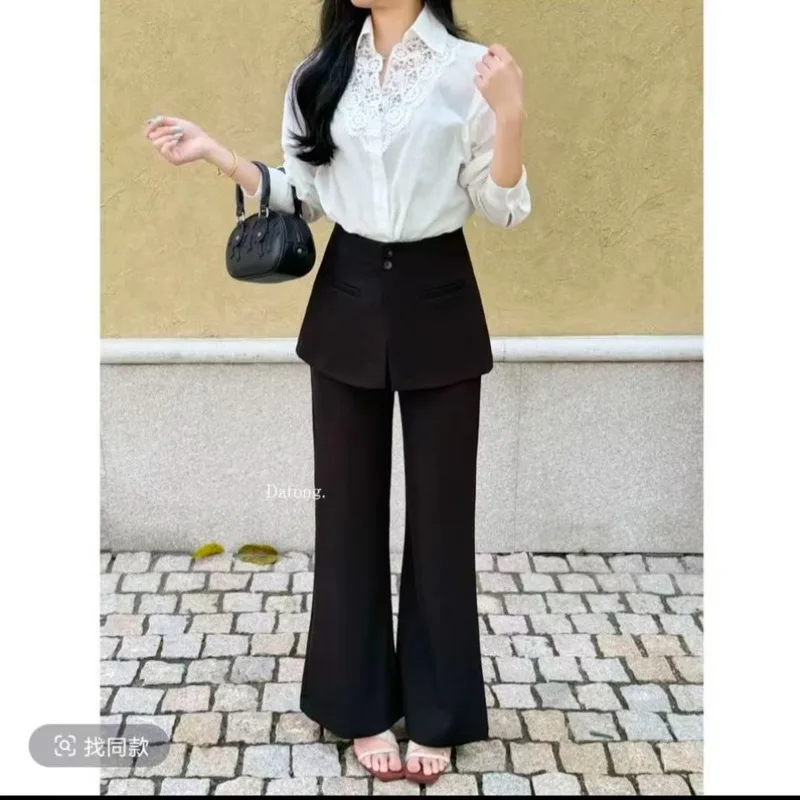 New Casual Flare Skirt Pants Women Fashion Retro Summer Slim High Waist Office Lady Elegant Trousers Fake 2 Piece Set