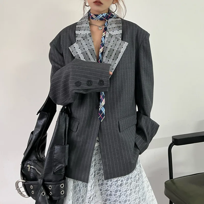 BJTZ New Lace Patchwork Collar Blazer High-end Design Grey Striped Casual Suit Jacket For Women 2025 Spring Autumn Chic Clothing