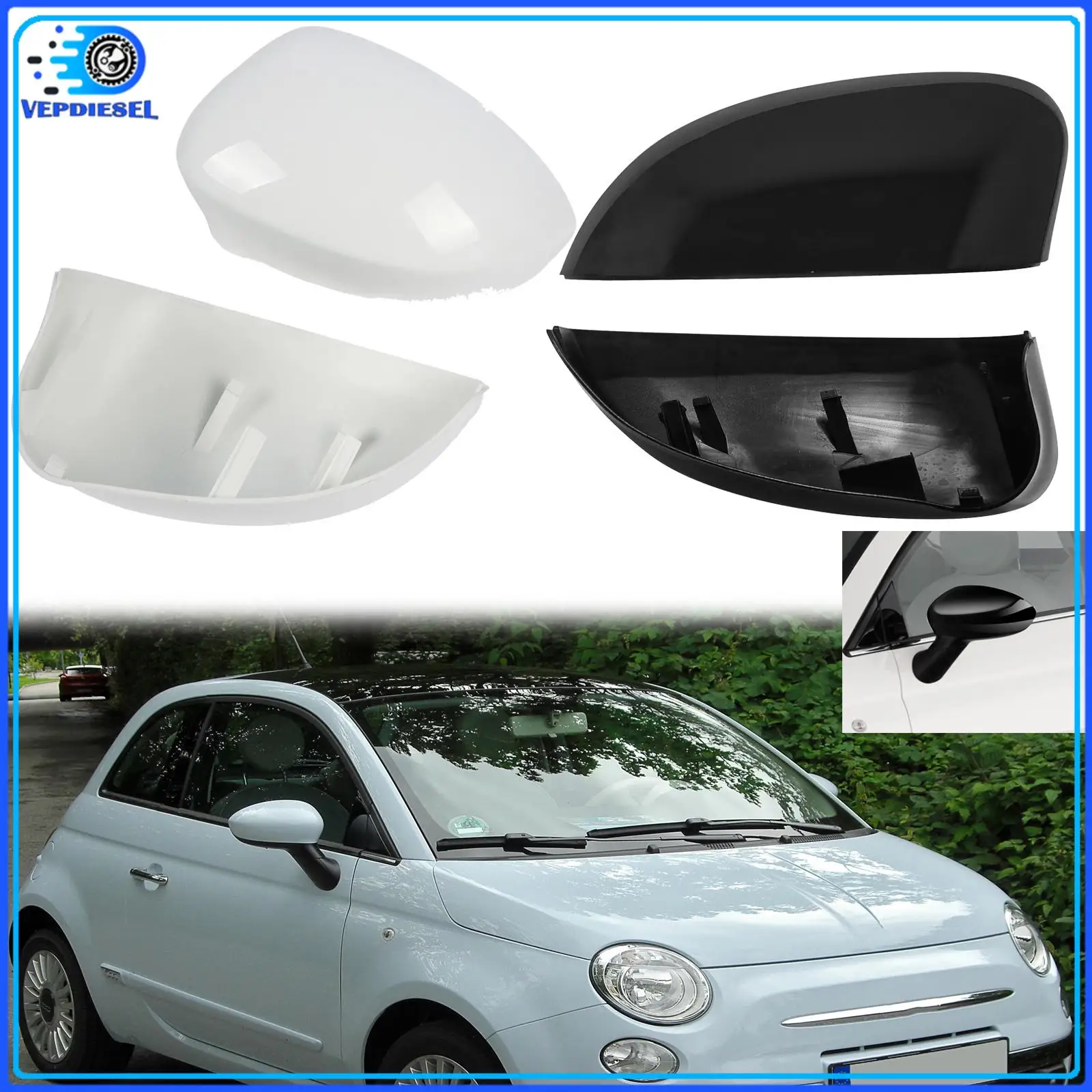 

2pcs New Black & White Glossy Car Side Mirror Cover Rearview Caps For 2007-2023 Fait 500 500C Abarth Reversing Mirror Cover