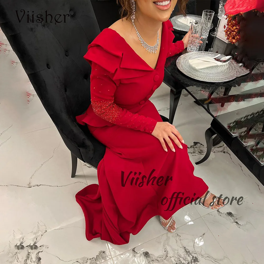 

Viisher Red Mermaid Evening Dresses Beads Long Sleeve V Neck Dubai Wedding Party Dress Elegant Dubai Formal Prom Dress