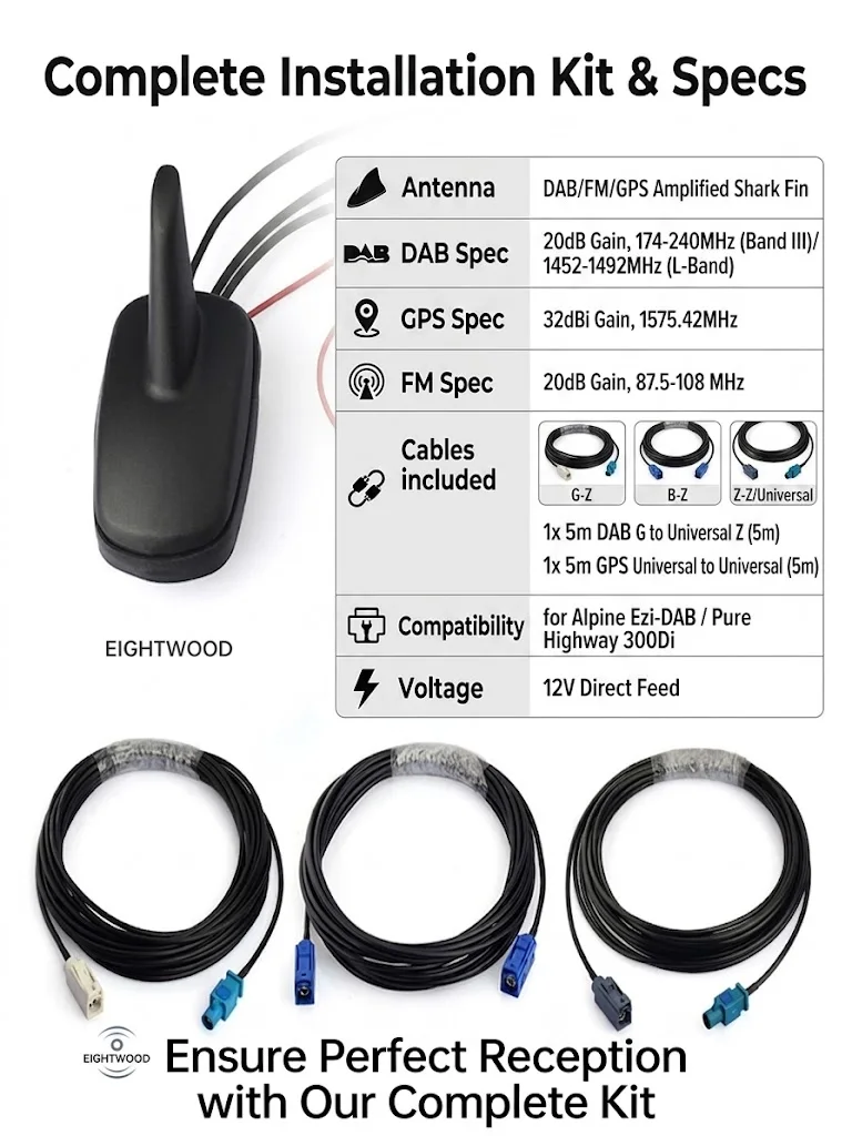Eightwood Auto GPS DAB+/FM Radio Versterkte Antenne Dak Mount Fakra Haaienvin Antenne En Vervanging Kabel voor Alpine Ezi-DAB
