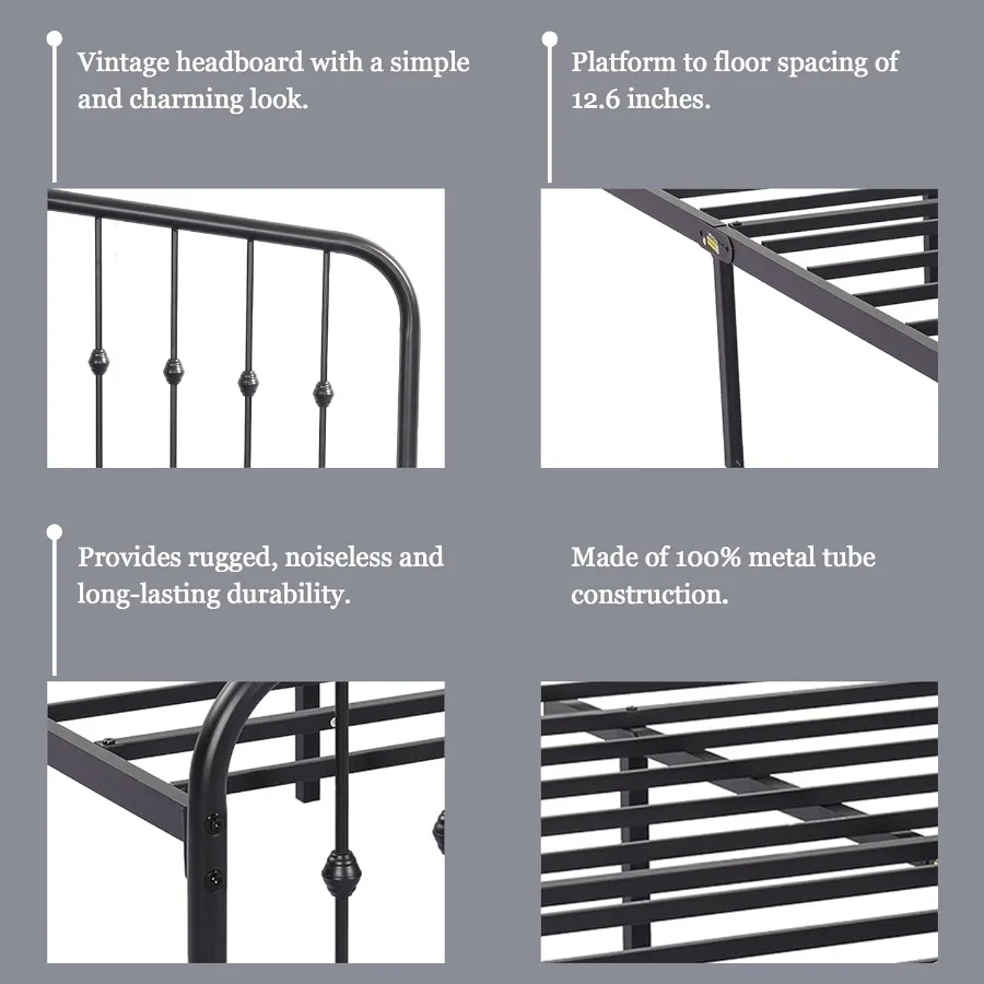إطار سرير بمنصة معدنية بحجم كوين مع لوح أمامي على الطراز الفيكتوري، مساحة تخزين تحت السرير، لا يتطلب صندوق زنبركي أسود