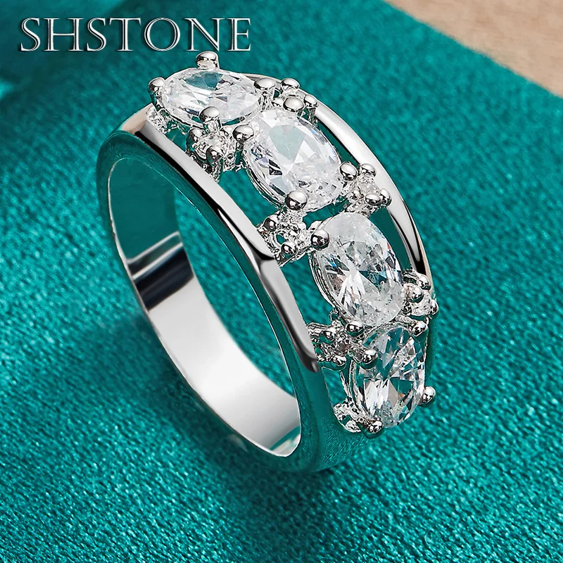 

SHSTONE 925 Sterling Silver Rings Crystal Inlay Oval AAA Zircon Ring For Women Party Wedding Bands Lady Fine Jewelry Accessories