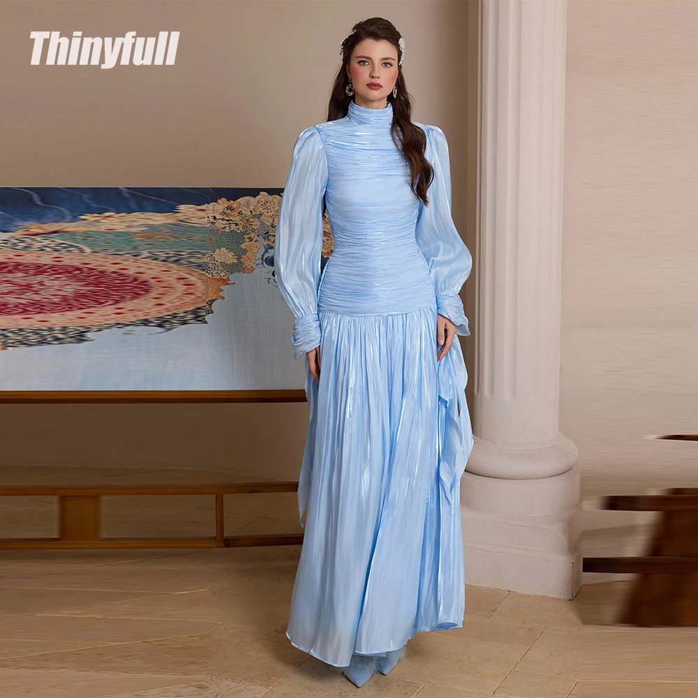 

Thinyfull A-line Arab Shiny Satin Prom Dress Halter Full Sleeves Evening Party Dresses Dubai Dress Robe De Soirée Customized