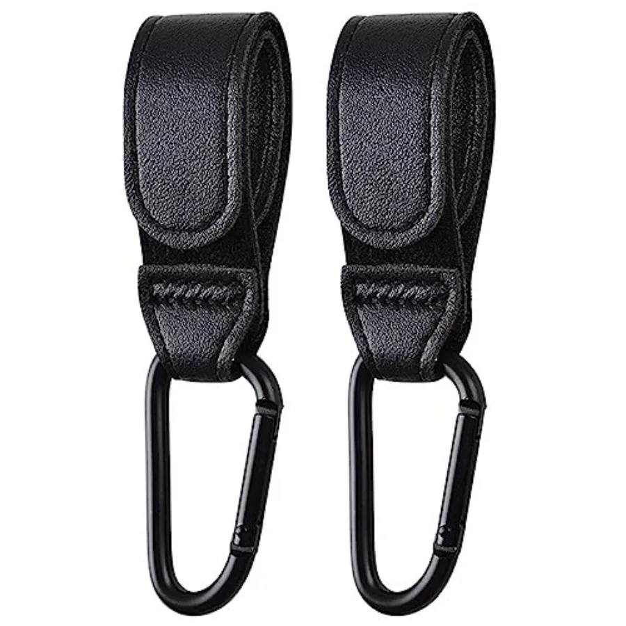 2PCS Stroller Hook Accessories, Multipurpose Stroller Bag Hook, Award Winning Leather Stroller Clip Black