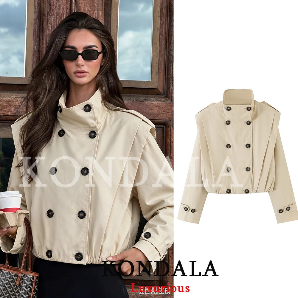 KONDALA Streetwear Chic Women Trench Coat Stand Collar Double Breasted Long Sleeve Coat New Fashion 2026 Autumn Trench Coat