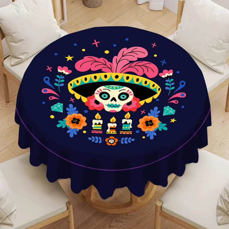1pc Skeleton Day Round Tablecloth, Skull Mexican Round Tablecloth, Round Tableclothzyc