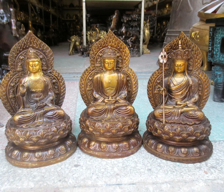 A SET 3p-HOME SHOP Temple Lobby Safety GOOD luck efficacious Guanyin ksitigarbha Sakyamuni Buddha bronze statue