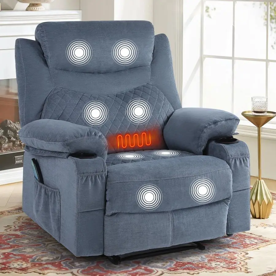 

Manual Recliner Chair with Heat and Massage for Adult, Wide Seat Overstuffed Fabric Heated Massaging Recliner Chair with Cup