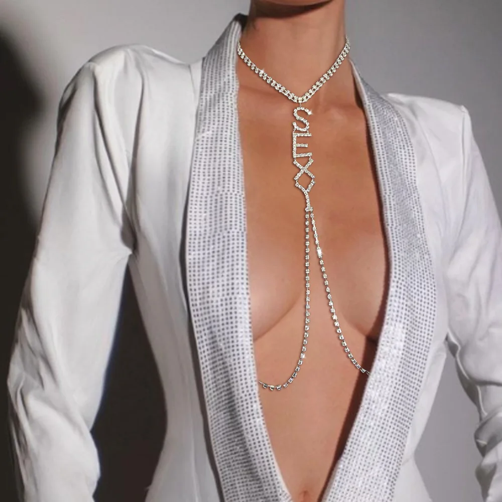 Stonefans Sexy Letter Nipples Chain for Women Jewelry Accessories Lingerie Bra Necklace Chest Chain Rhinestone Harness Luxury