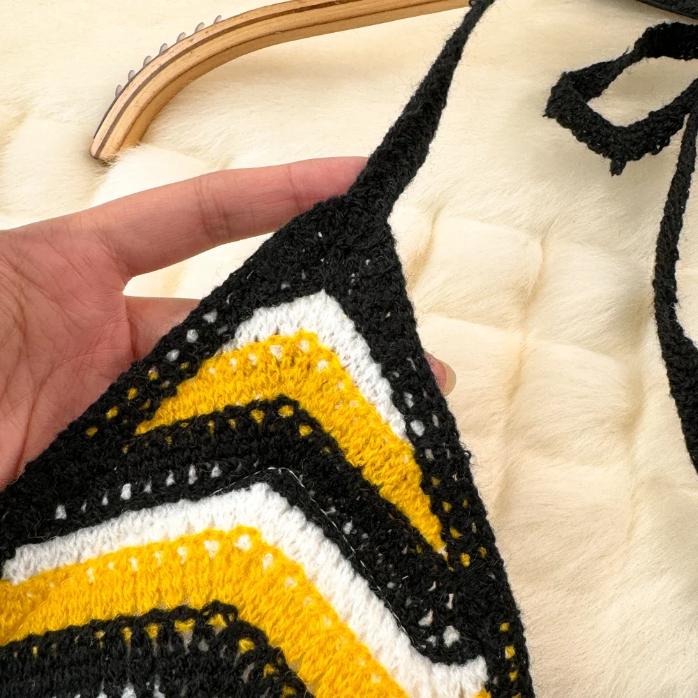 

Fashion Knitted Bohemian Crochet Top Hollow Out Backless Striped Tank Top Beach Wear Women