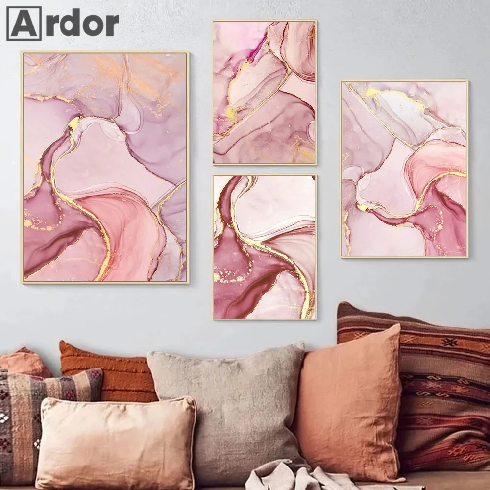 

Gold Foil Poster Canvas Painting Abstract Pink Marble Wall Art Posters And Prints Modern Nordic Wall Pictures Living Room Decor