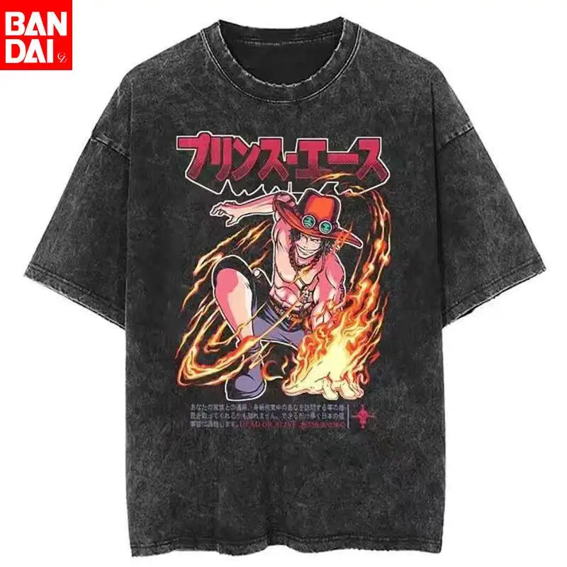 One Piece Portgas D Ace Feuerfaust Vintage Washed T-Shirt 2026 Sommer Oversized Grafik-T-Shirt für Herren Damen Lässige Baumwoll-Tops
