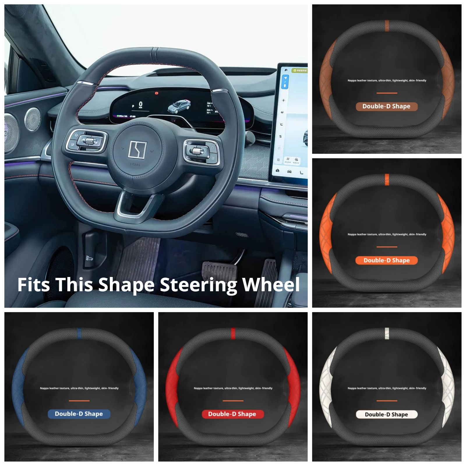 For ZEEKR 001 009 007 X 7X 2024‑2026 Car Steering Wheel Cover Nappa Leather Double‑D‑Shape Non Slip Car Interior Accessories