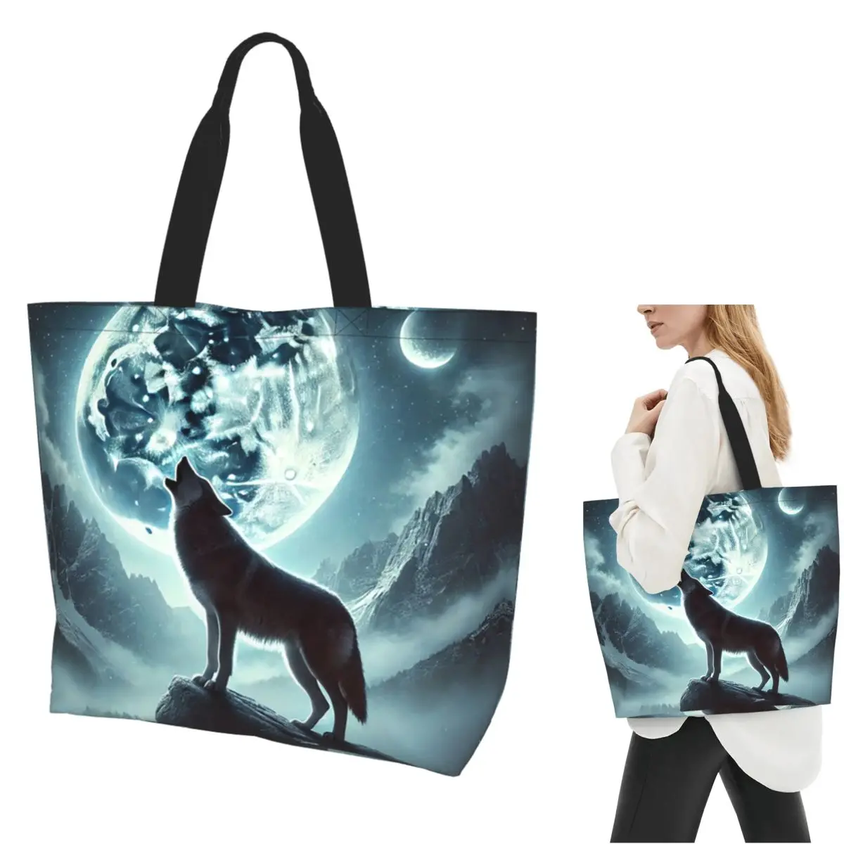 Howling Wolf Under The Moonlight Print Shopping Tote Bag Canvas Large Capacity Shoulder Bags Shopper Grocery Handbag for Women