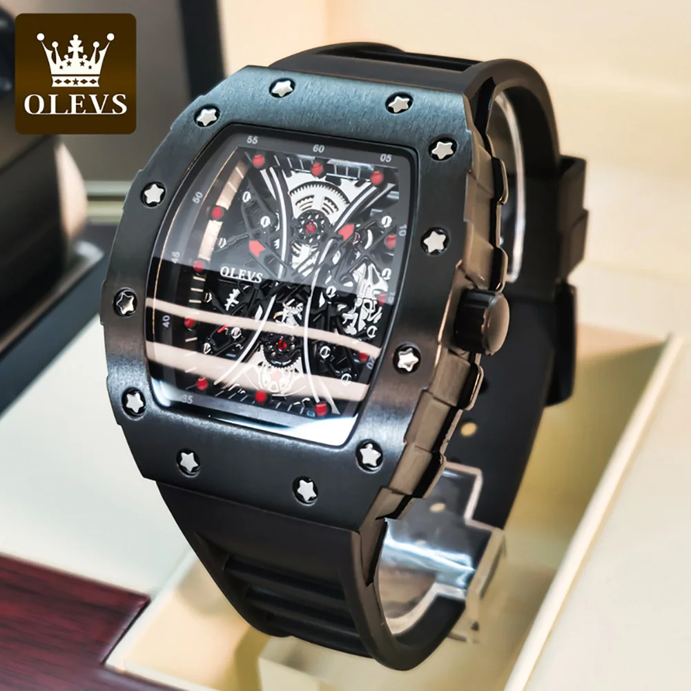 

OLEVS Men's Watches Top Brand Original Quartz Wristwatch Fashion Barrel Shaped Dial Waterproof Luminous Rubber Strap Watch