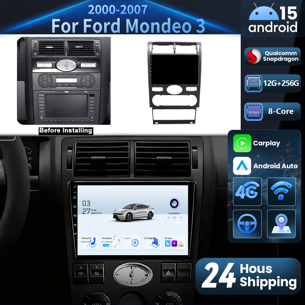 أندرويد 15 Carplay Auto Qualcomm 2K QLED شاشة راديو السيارة لسيارة Ford Mondeo 3 2000 - 2007 GPS Wifi 4G Qualcomm Navigation