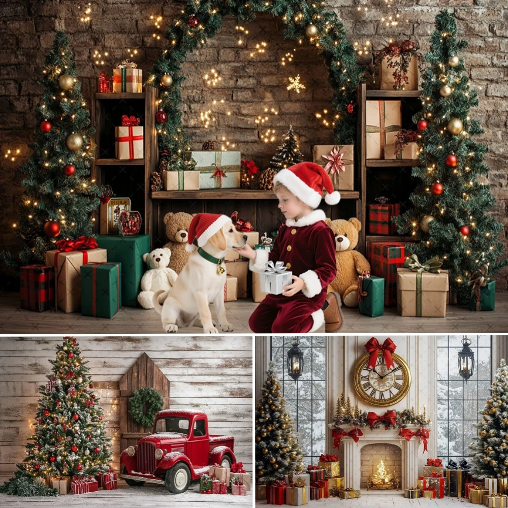 

Merry Christmas Backdrop Xmas Tree Gift Window Fireplace Winter Baby Family Portrait Decor Photography Background Photo Props