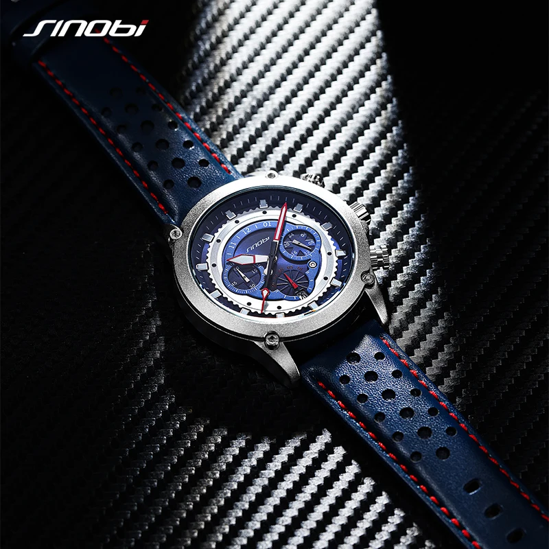 SINOBI New Fashion Sports Mens Watches Stainless Steel Chronograph Man Quartz Wristwatches Luminous hands Male\'s Calender Clock